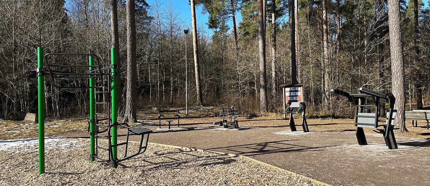 Grön träningsställning och svarta träningsmaskiner i en park med skog runt omkring.