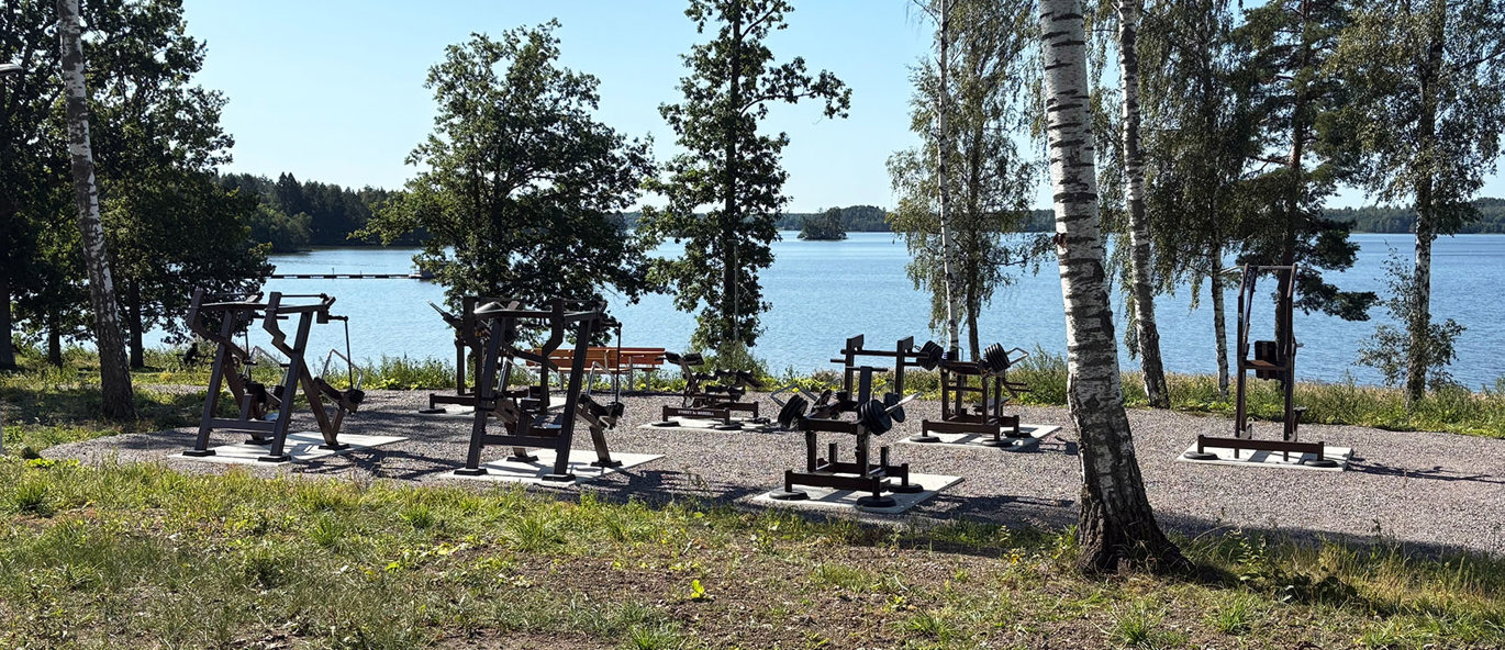 Utegym med träningsmaskiner placerade i en grön park med utsikt över vatten.